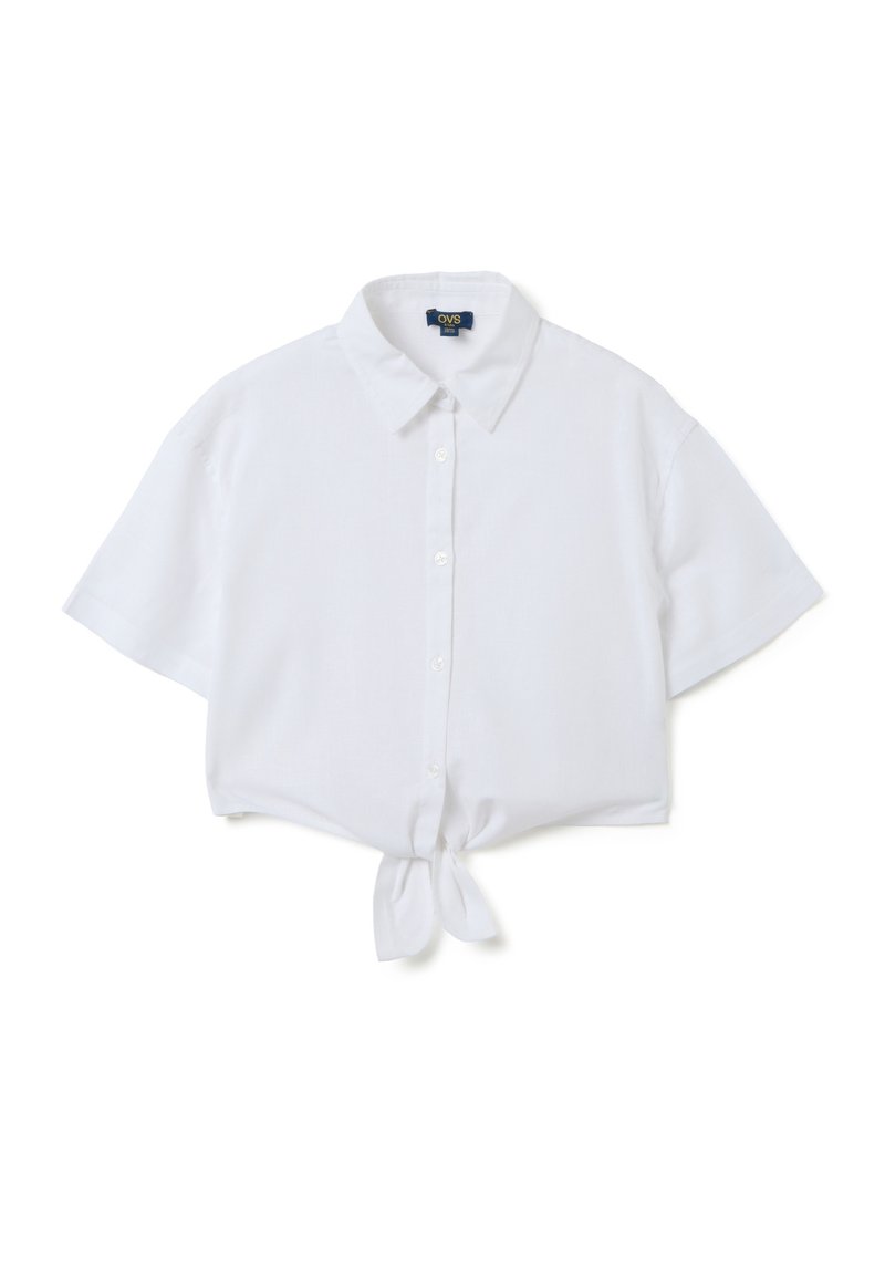 Witte cropped blouse met korte mouwen, een kraag, knopen aan de voorkant en een strikdetail aan de voorkant. Gemaakt van een lichtgewicht, gladde stof.