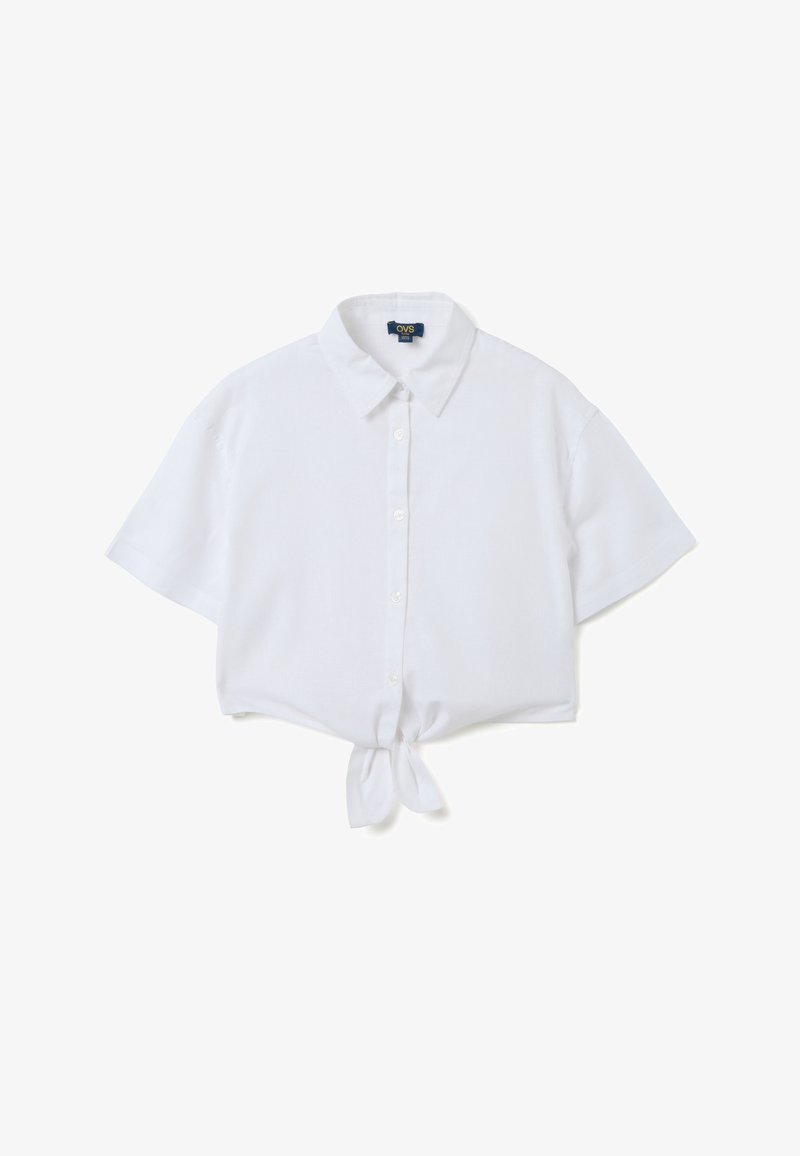 Weißes kurzärmeliges, tailliertes Shirt mit Kragen, durchgehender Knopfleiste und vorderem Bindedetail. Hergestellt aus leichtem, glattem Stoff.