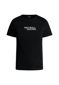 Schwarz T-Shirt mit kurzen Ärmeln, gerippter Textur und "RED BULL RACING" Logo in Weiß, horizontal auf der Vorderseite aufgedruckt.
