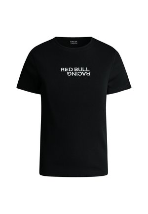 Schwarz T-Shirt mit kurzen Ärmeln, gerippter Textur und "RED BULL RACING" Logo in Weiß, horizontal auf der Vorderseite aufgedruckt.