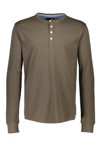 Langarm henley-shirt in olijfgroen, met een ronde halslijn, driestuks knoopsluiting aan de voorkant en geribde manchetten. Gladde stof van een katoenmix.