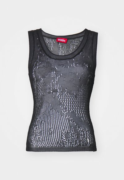 Black mesh tank top featuring a round neckline and a pattern of small holes. Label inside reads "032c." Material appears lightweight and textured.