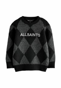Maglione a motivi argyle nero e grigio con polsini e orlo a coste, caratterizzato dal testo "ALLSAINTS" ricamato sul petto.