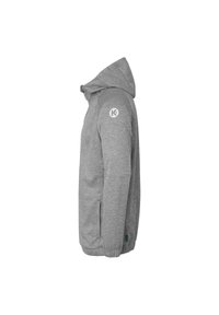 Grijze hoodie gemaakt van zachte stof; heeft een rits aan de voorkant, zijzakken en een logo-patch op de linkermouw. Inclusief trekkoord voor de capuchon.