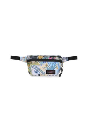 Marsupio in tessuto multicolore con stampa tropicale, una tasca frontale con zip, dettagli neri e una cintura regolabile per il trasporto.