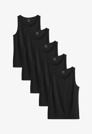 Cinq débardeurs en coton noir avec encolures rondes et bretelles larges, présentant une texture lisse et des détails de couture minimaux.