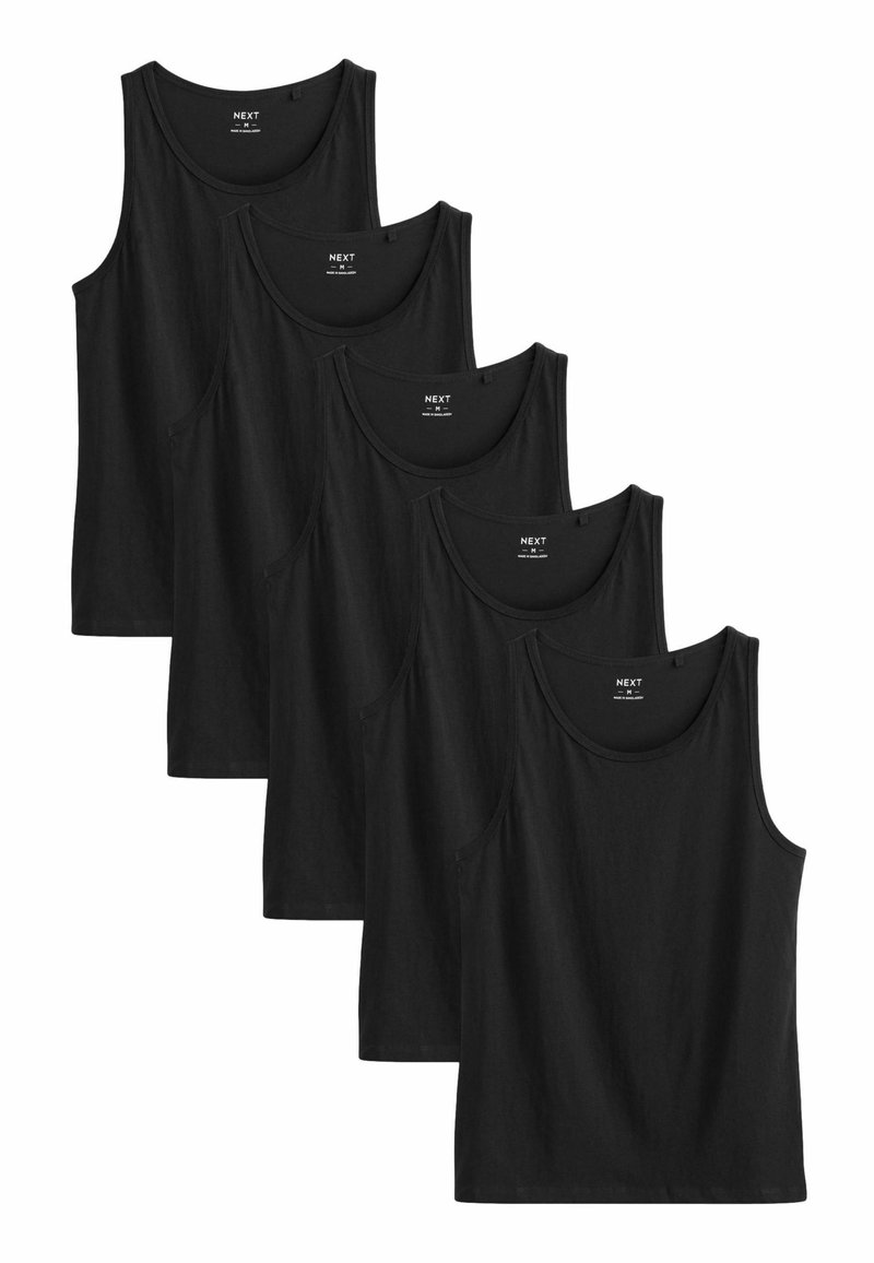 Fem sorte bomulds tanktoppe med rund halsudskæring og brede skulderstropper, udstyret med en glat tekstur og minimale syninger.