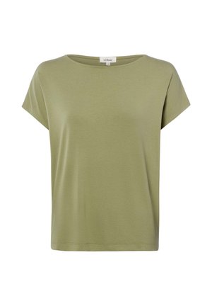 Krótkie rękawy damskiej koszulki w kolorze oliwkowej zieleni, z okrągłym dekoltem i małą metką marki wewnątrz kołnierzyka.