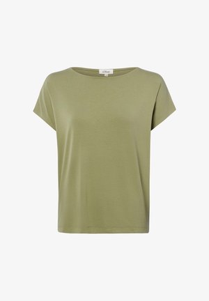 T-shirt pour femme à manches courtes de couleur vert olive avec un col rond et une petite étiquette de marque à l'intérieur du col.