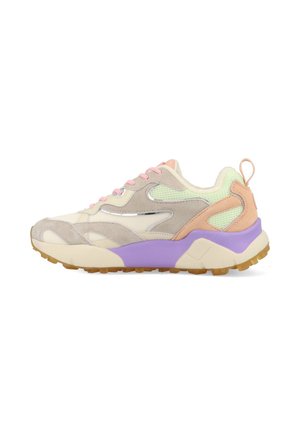 Lightweight sneaker featuring a mix of beige and pastel colors, mesh and suede materials, thick purple sole, and contrasting pink accents.