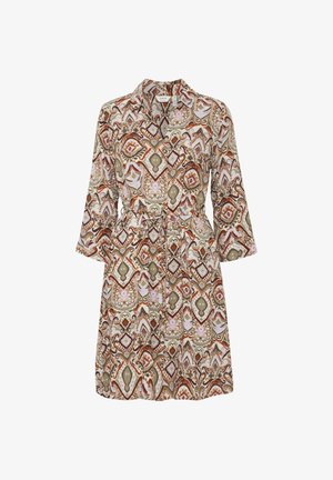 Šaty s krátkým rukávem, vzorované s pestrým designem v oranžové, zelené a růžové, s opaskem a kapsami. Vyrobeno z lehkého materiálu.