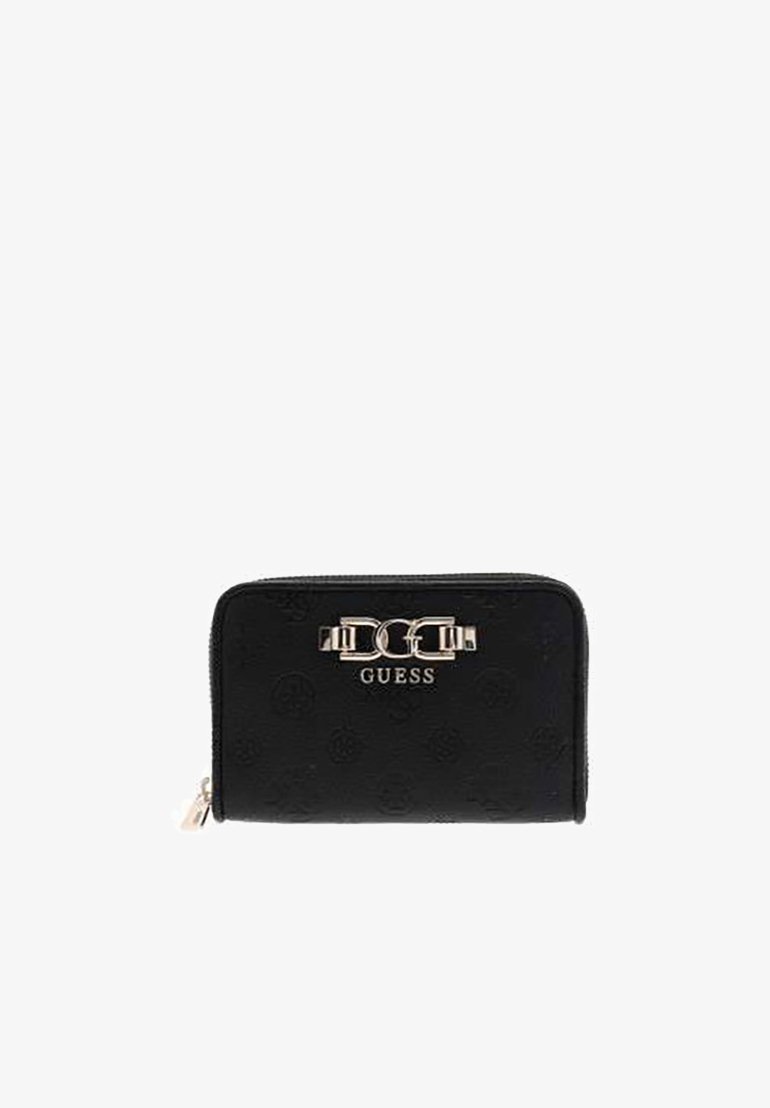 Portefeuille noir Guess avec motif de logo en relief, détail de fermoir en métal doré et fermeture à glissière sur le côté inférieur gauche.