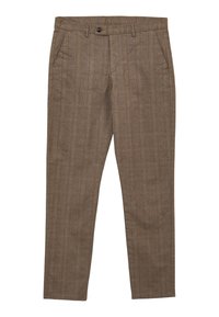 Braune, strukturierte Hose mit vertikalen Streifen, ausgestattet mit einem Knopfverschluss und zwei Seitentaschen. Gerade Beinform.
