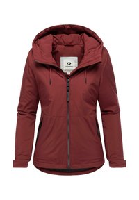 Red insulated jacket with a hood, zip closure, and side pockets. Features a smooth texture and adjustable cords on the hood.