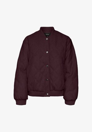 Maroon quilted bomber jacket with ribbed cuffs and hem. Features snap button closure and a round neckline. Soft, textured fabric.