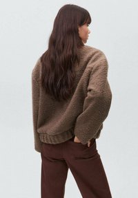 Pulover călduros maro, cu tiv și manșete striate, purtat peste pantaloni maro închis. Părul lung și ondulat cade pe spate, pe un fundal neutru.