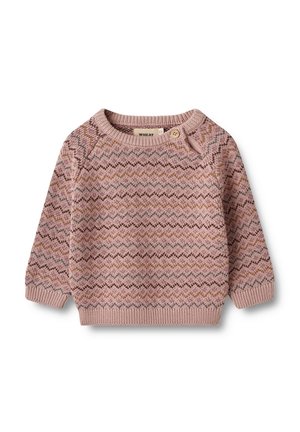 Lyserød trøje til småbørn med zigzag-mønster i brune og beige toner, ribstrikkede manchetter, kant og halsudskæring med knaplukning på skulderen.