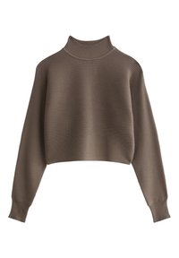 Suéter marrón de canalé con cuello alto, diseño recortado y mangas largas, que presenta una tela suave y texturizada.