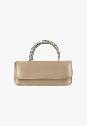 Beige Satinhandtasche mit Klappverschluss und per Strasssteinen verziertem Griff. Verfügt über eine glatte Textur und eine rechteckige Form.