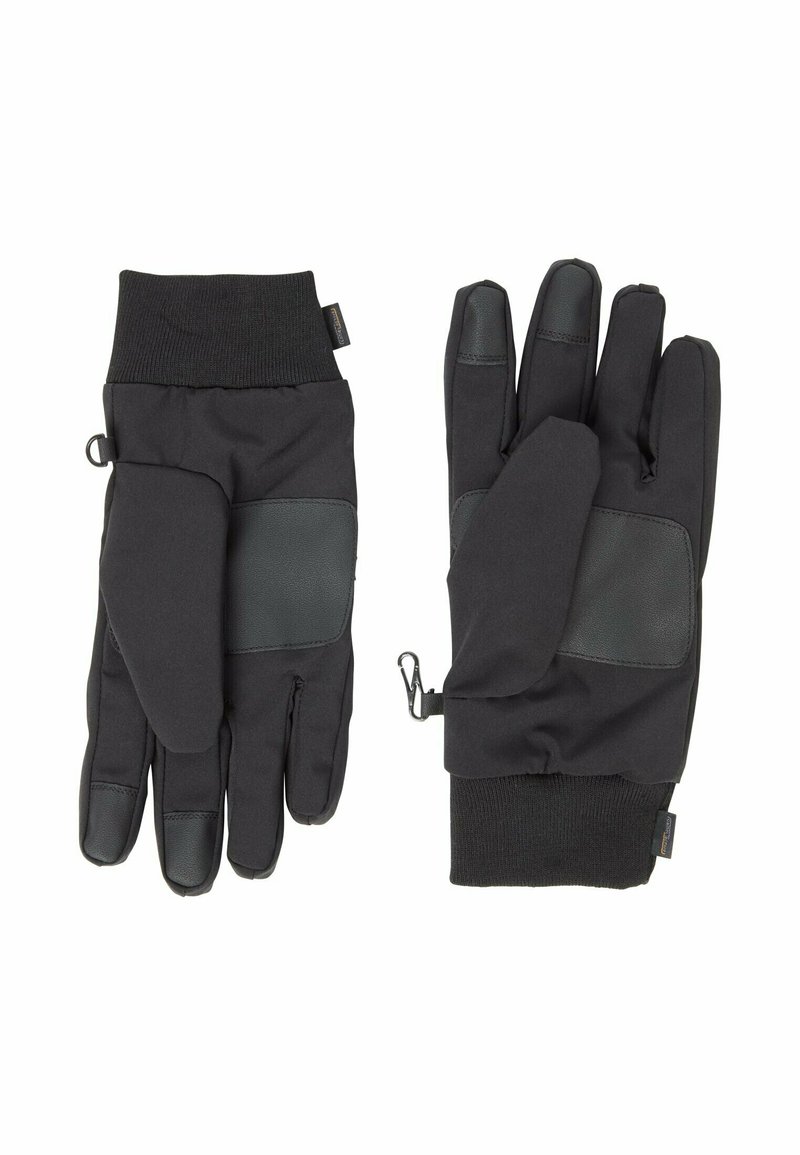Zwarte handschoenen van zacht stof met leren accenten. Beschikt over een elastische manchet en een afneembare klep die de vingertoppen blootstelt voor meer behendigheid.