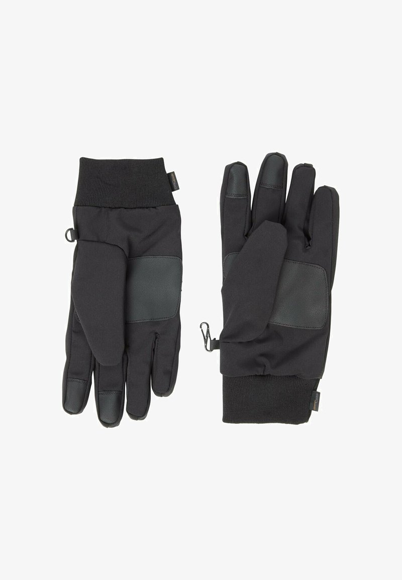 Sorte handsker lavet af blødt stof med læderdetaljer. Har en elastisk manchet og en aftagelig klap, der blottede fingerspidserne for større fingerfærdighed.