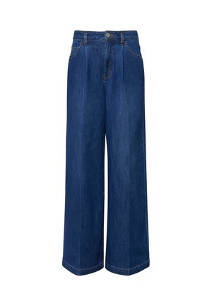 High-waisted wide-leg dark blue denim jeans with front button, zipper, belt loops, and side and back pockets.
