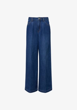 Jeansy z wysokim stanem, szerokimi nogawkami, wykonane z ciemnoniebieskiego denimu, z przednim zapięciem na guzik i suwak, szlufkami na pasek oraz kieszeniami po bokach i z tyłu.