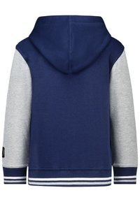 Hoodie met een marineblauw lichaam, grijze mouwen en gestreepte manchetten. Zacht materiaal met een buidelzak en logo-detail op de mouw.