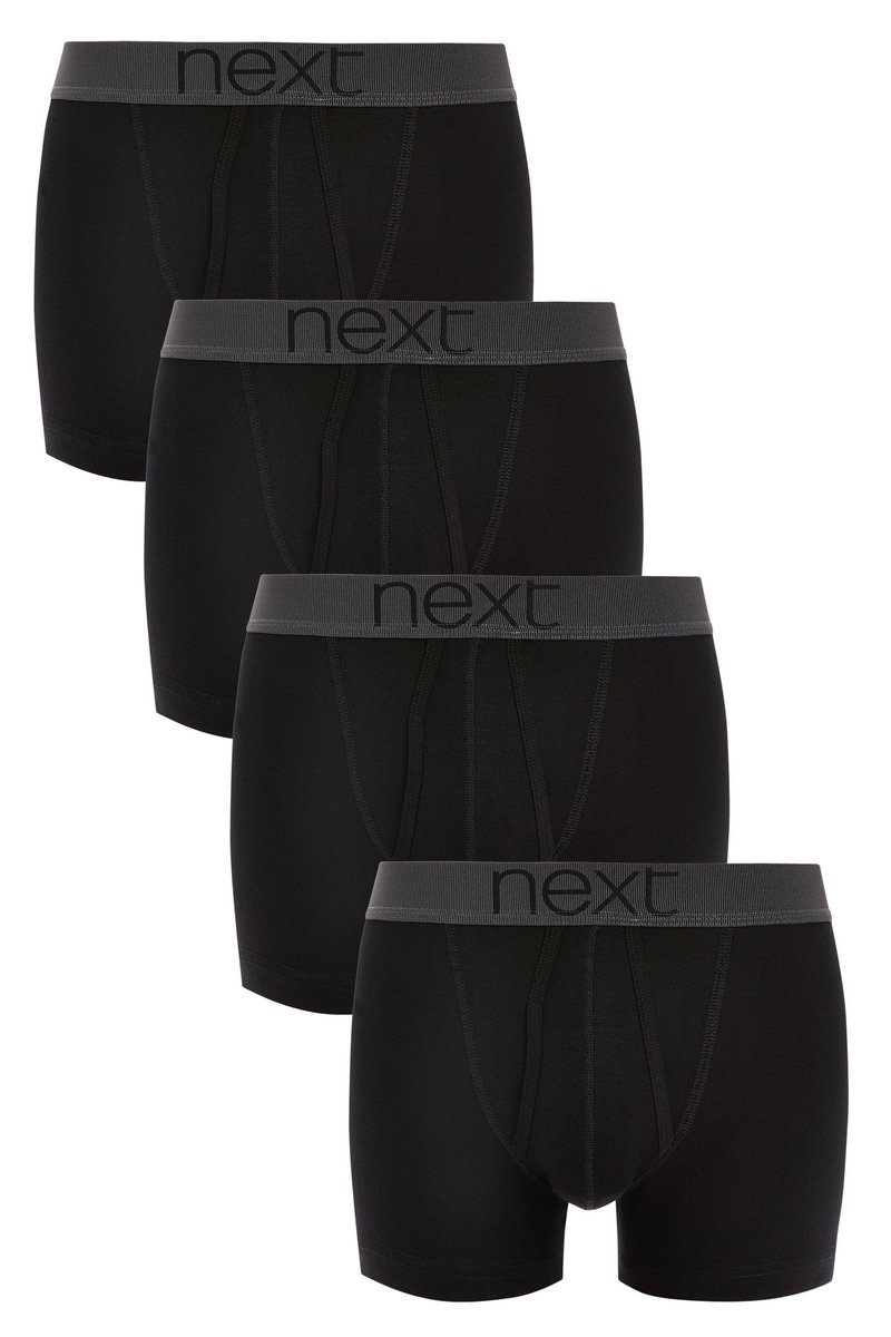 Schwarze Boxershorts aus Baumwolle mit einem grauen elastischen Bund, der mit "next"-Markenlogo versehen ist, in klassischem Design. Im Lieferumfang sind vier Stück enthalten.