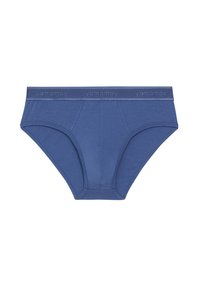 Blue cotton brief with a mid-rise design, featuring a soft elastic waistband embossed with "yamamay" and seamless sides. Silky texture.