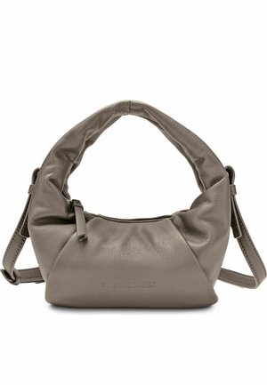 Graue weiche Lederhandtasche mit einem abgerundeten oberen Griff und verstellbarem Schulterriemen, mit kleinem Reißverschluss vorne.
