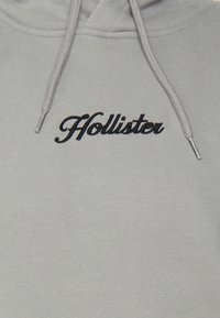 Sudadera ligera gris con "Hollister" bordado en negro en el pecho y con cuerdas de ajuste gris a juego que cuelgan.