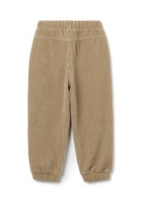 Lichtbruine corduroy broek met verticale strepen, een elastische tailleband en elastische manchetten bij de enkels voor een taps toelopende pasvorm.