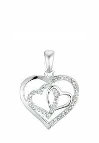 Ciondolo d'argento con tre cuori intrecciate, due delle quali decorate con piccole gemme trasparenti, finitura lucida e riflettente.