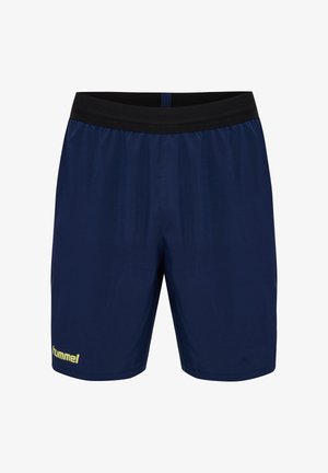Marineblaue Sportshorts aus leichtem Stoff, mit einem elastischen schwarzen Bund und einem gelben Logo auf der linken Seite.