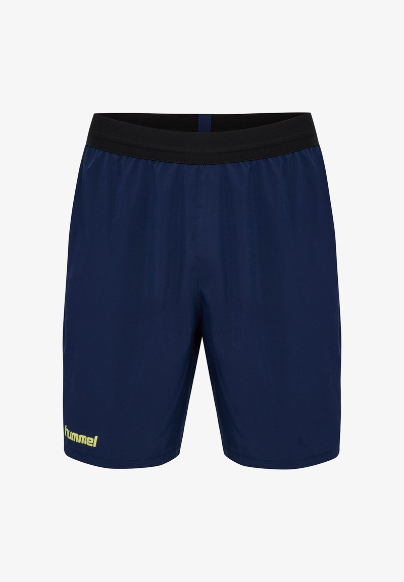 Shorts de sport bleu marine en tissu léger, avec une ceinture élastique noire et un logo jaune sur le côté gauche.