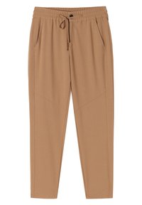 Tan joggerbukser lavet af blødt stof, med elastisk talje og snor, sidelommer og tapered ben design.