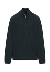 Maglione verde scuro lavorato a maglia con collo alto, caratterizzato da una chiusura a mezza zip e un motivo a treccia testurizzato sul tessuto.