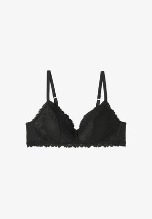 Zwarte kanten bralette van zachte stof, met driehoekige cups, kantafwerking en verstelbare dunne bandjes. Geweven oppervlak met bloemmotieven.