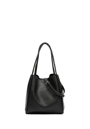 Zwarte leren shoppers tas met twee schouderbanden en een afneembare, verstelbare schouderriem, gestructureerde rechthoekige vorm.