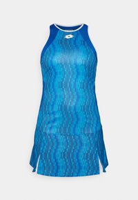 Μπλε αθλητική φόρεμα με σχέδιο racerback, που διαθέτει υφασμάτινη υφή σε διάφορες μπλε αποχρώσεις, πλαϊνές σχισμές και αντίθεση λευκό λαιμό.