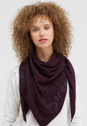 Purple triangular scarf made of soft material, featuring a shiny script detail. A thick draped design enhances its texture and shape.