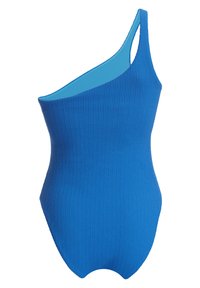 Bañador azul de canalé asimétrico con una sola tira para el hombro, que presenta un forro interior suave y un corte ajustado.
