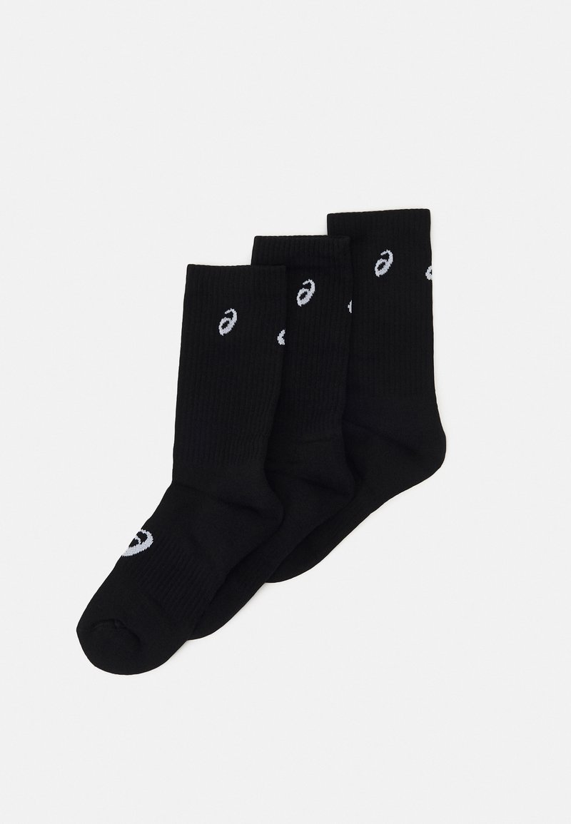 Black crew socks made of ribbed fabric, featuring white Asics logo accents on the side. Three pairs stacked together.
