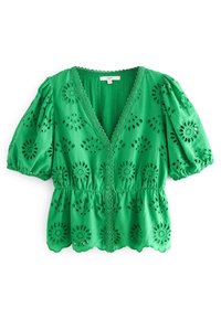 Blusa verde a maniche corte con ricamo floreale a occhio di pernice, orlo scallop, chiusura a bottoni e colletto a V con bordo in pizzo.
