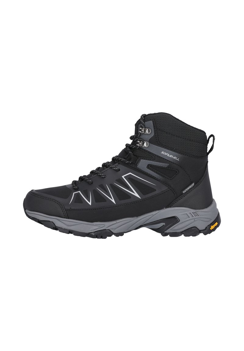 Botte de randonnée noire avec des accents gris, une tige texturée et un design imperméable. Elle présente un col haut et une semelle Vibram pour une meilleure adhérence.