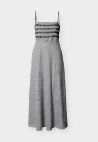 Μαύρο-άσπρο καρό midi φόρεμα με λεπτές τιράντες, δαντέλα πάνω από το στήθος και εφαρμοστή μέση με φουσκωτή φούστα.