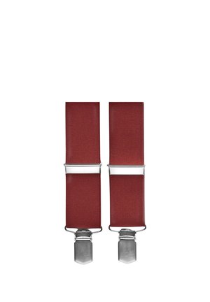 Røde elastiske seler med sølvfarvede metalclips, der har en strukturér overflade og standard rektangulær form. Holdbart design for justerbar pasform.