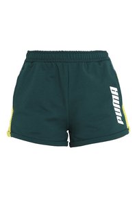Pantalones cortos Puma de color verde oscuro con cinturilla elástica, paneles laterales amarillos y logo de Puma en blanco en la pierna derecha.