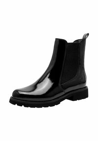 Černé lakované kožené kotníkové boty s elastickými bočními panely, táhlem a texturovanou gumovou podrážkou pro lepší grip a odolnost.